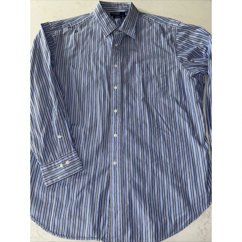 Polo Ralph Lauren Dress Shirt Men 17.5 34/35 Large Andrew Fit Blue Cotton Stripe